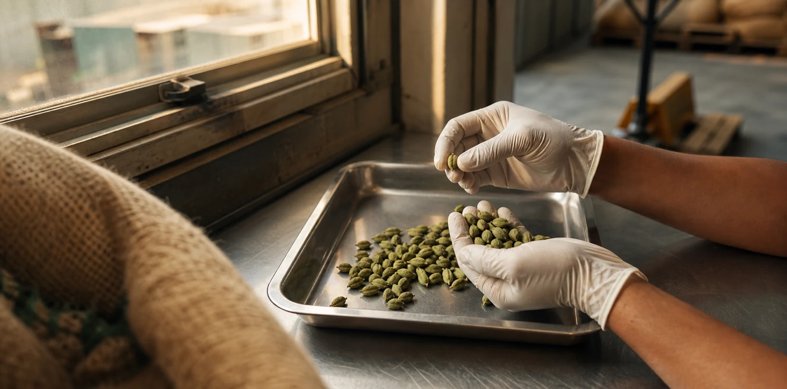 Hands examining green cardamom pods on a receiving tray.