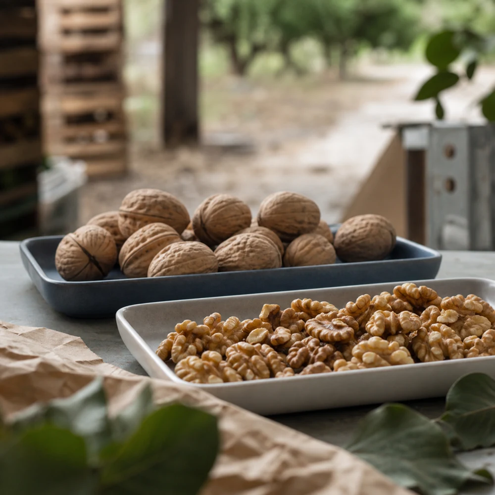 Whole walnuts and kernels in sample trays.