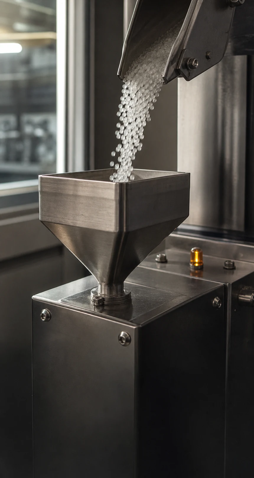 Plastic granule samples entering a small test hopper.