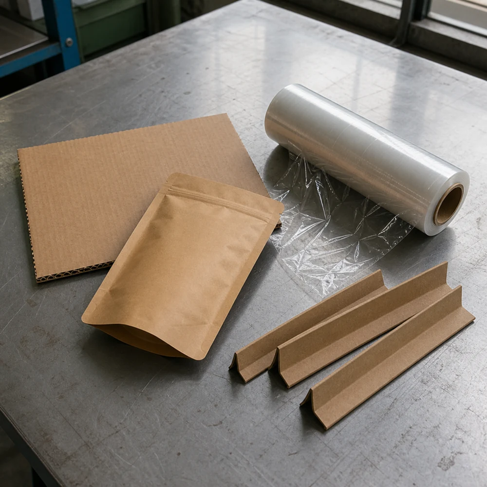 Packaging material samples arranged on a worktable.