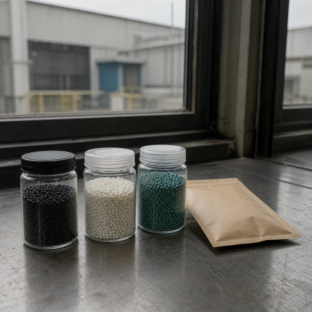 PE masterbatch samples in unlabelled jars.