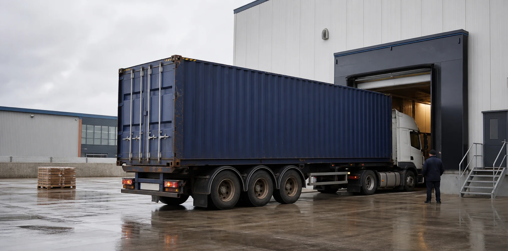 Generated concept of an unbranded container at a loading bay.