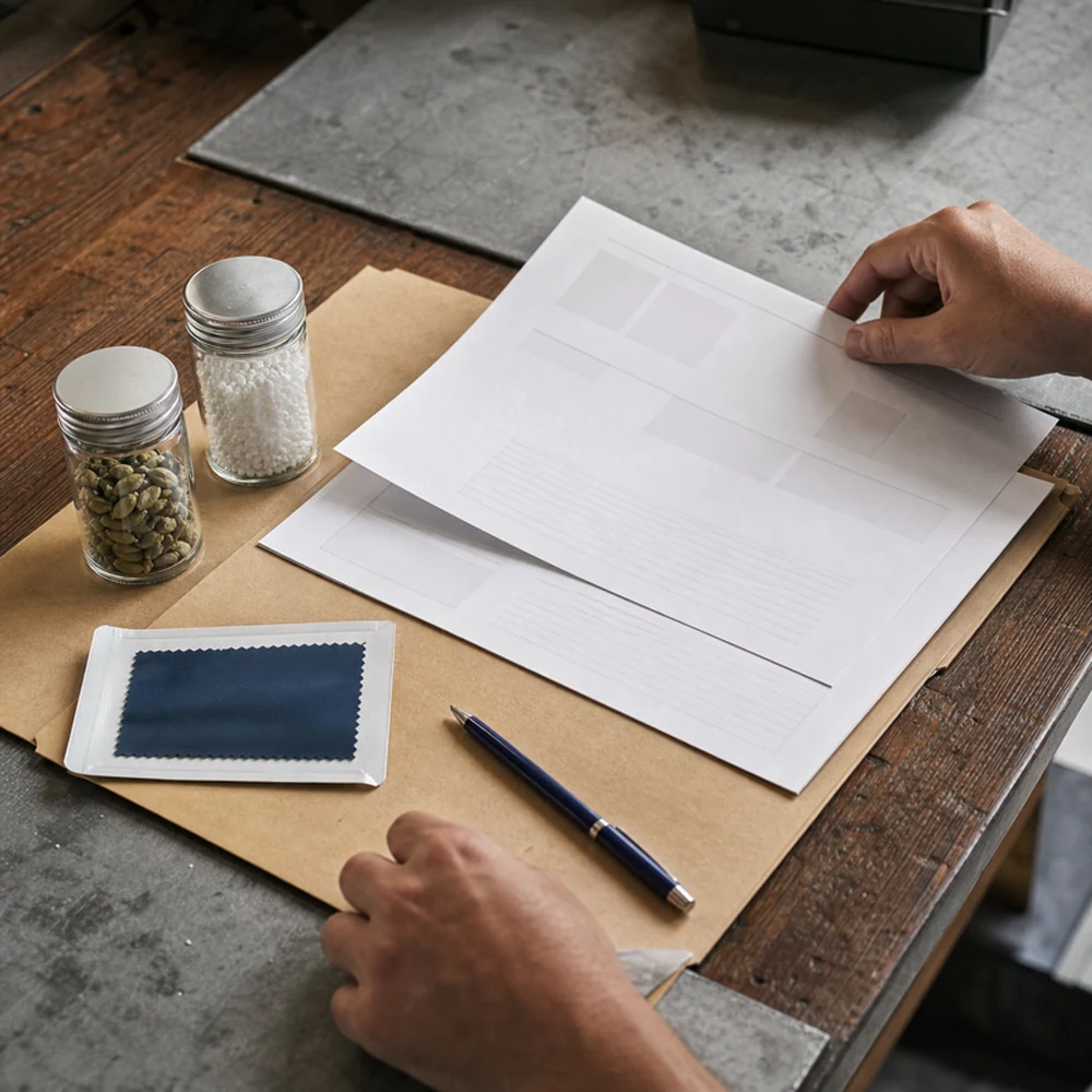 Hands reviewing unreadable sample shipping and specification documents.