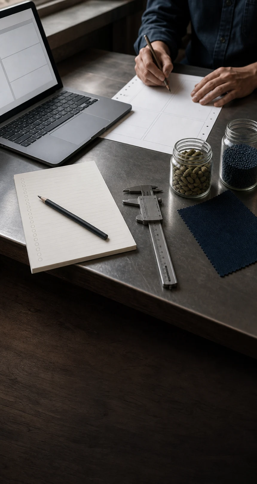 A product requirement brief being organized on a worktable.