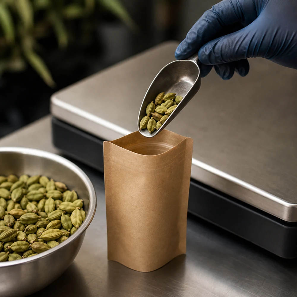 Green cardamom being weighed into plain sample pouches.